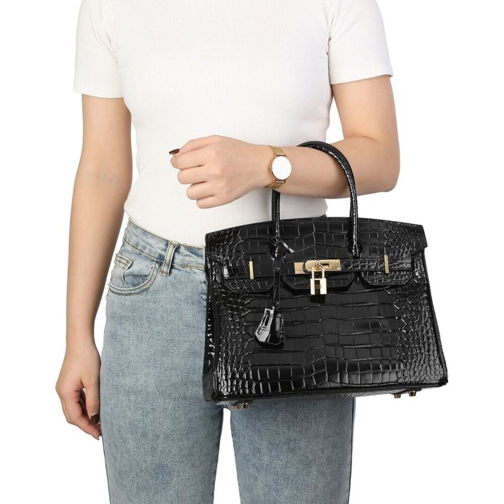 Classic Black Croc-Embossed Satchel with Gold Hardware - Picture 4 of 11